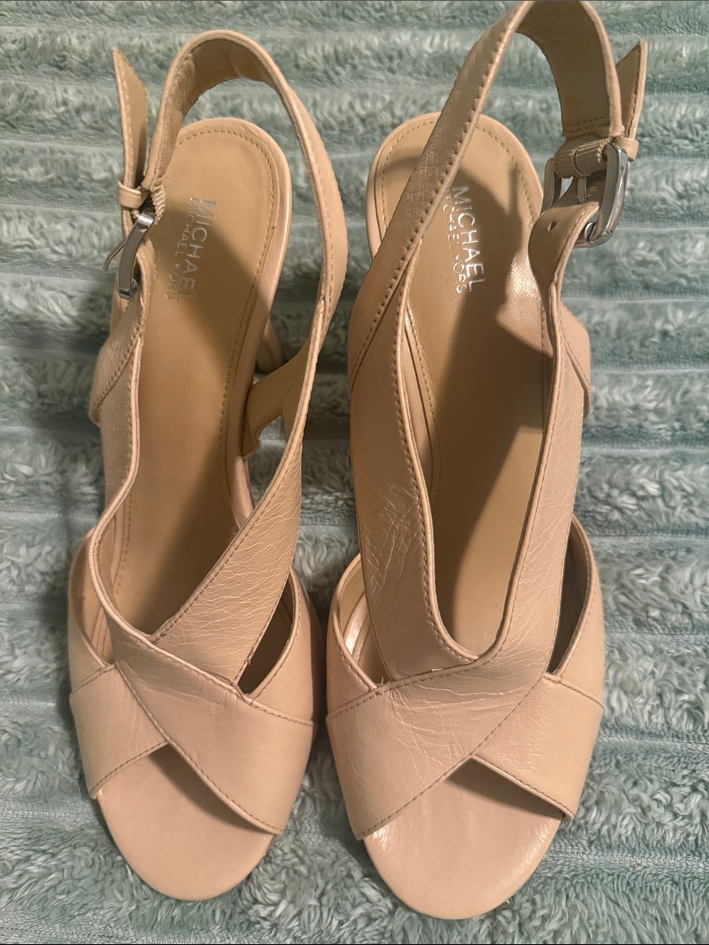 Michael Kors Beige Leather Cross-Strap Slingback Heels